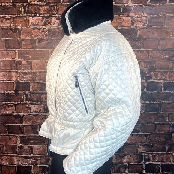 Women's White Quilted Ski Jacket with Black Collar - Picture 2 of 11